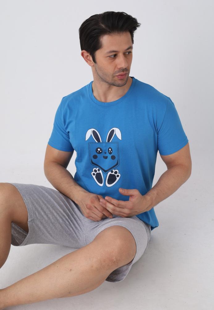 Pijama barbat cu maneca scurta si pantaloni 3/4, culoare albastru , Engros